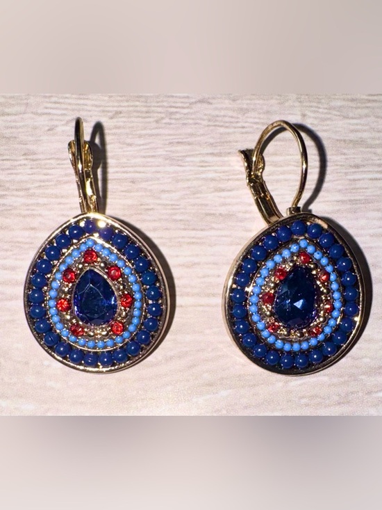 Jewelry - Beaded Gold-Tone Blue & Red Teardrop Crystal Drop Earrings